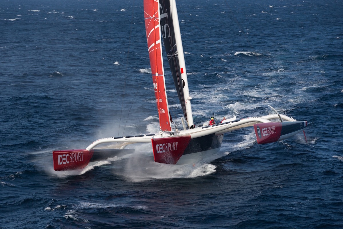 First aerial images of IDEC SPORT maxi trimaran, skipper Francis Joyon and his crew, training off Belle-Ile, Brittany, on octobe